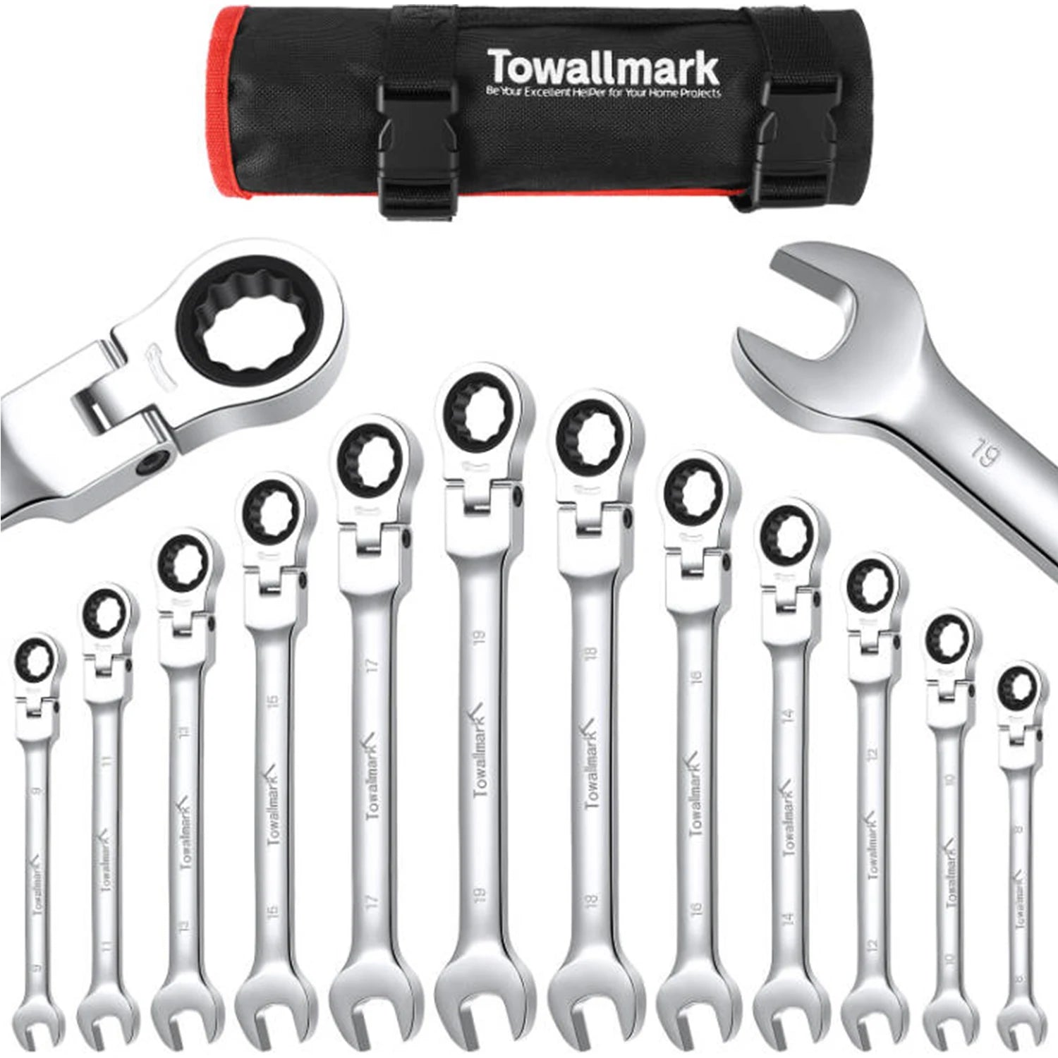 12-Piece Flex-Head Wrench Set, Ratcheting Combination Set, Metric 8-19mm