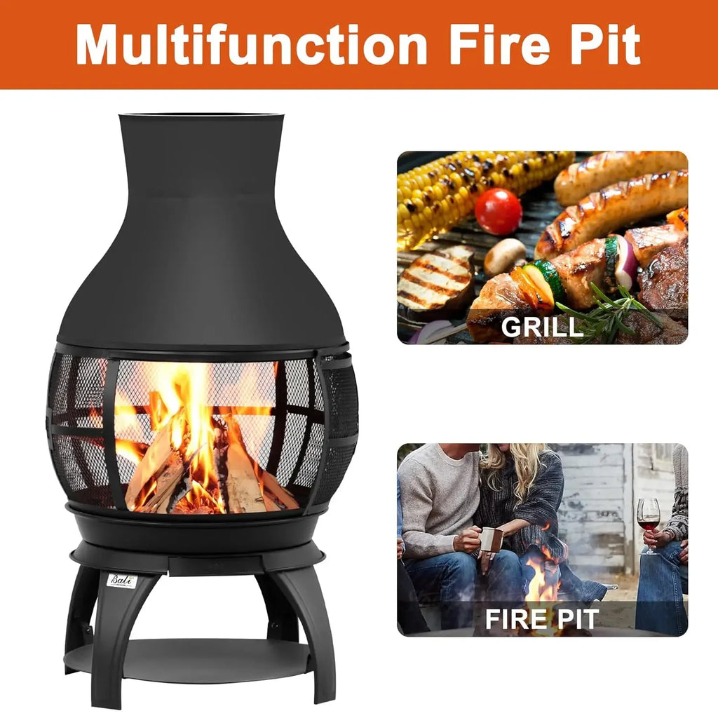 Outdoor Wood Burning Chiminea Fire Pit – 36" Rustic Patio Fireplace with Mesh Screen and Rain Cap