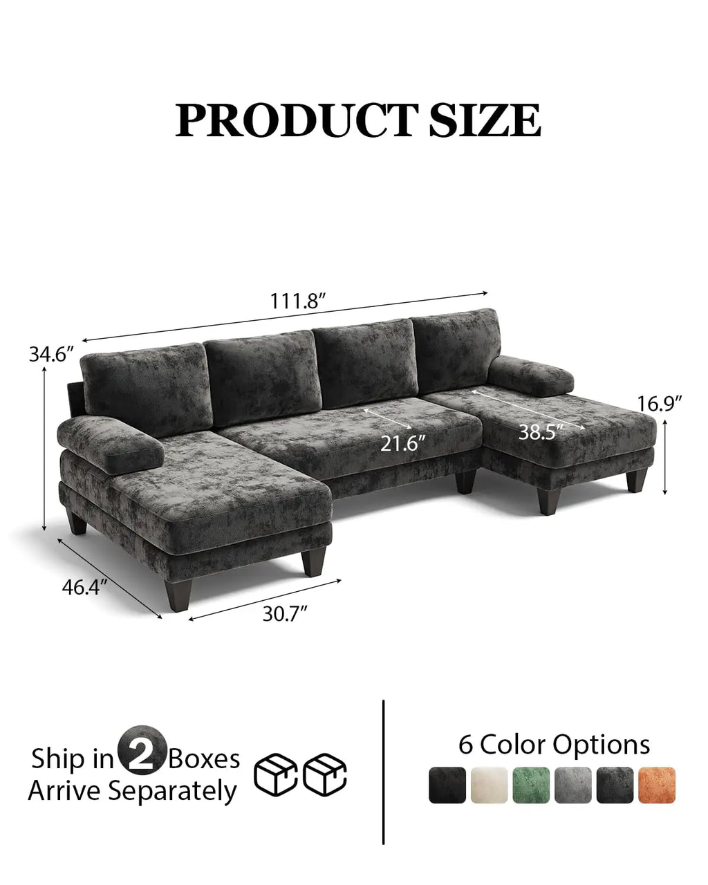 U-Shaped Sectional Couch Double Chaise Chenille Upholstery