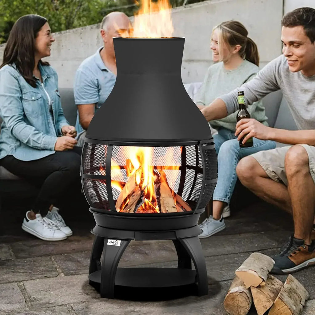 Outdoor Wood Burning Chiminea Fire Pit – 36" Rustic Patio Fireplace with Mesh Screen and Rain Cap