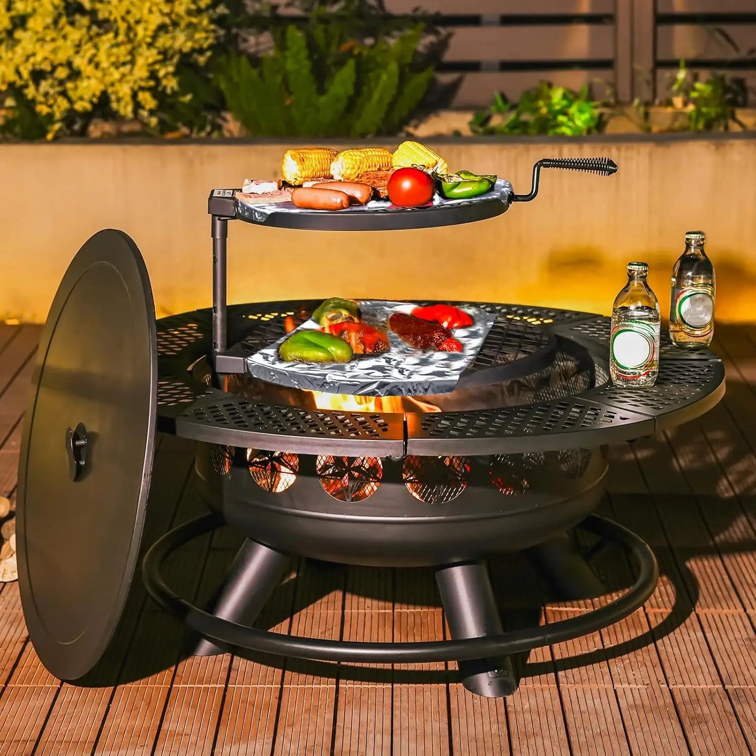36-Inch Outdoor Wood Burning Fire Pit with 2 Adjustable BBQ Cooking Grills, Heavy Duty 3-in-1 Patio Firepit Table with Mesh Lid