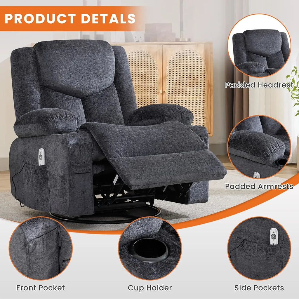 Swivel Recliner Chair w/ Massage & Heat, Rocker, Side Pocket & 2 Cup Holders