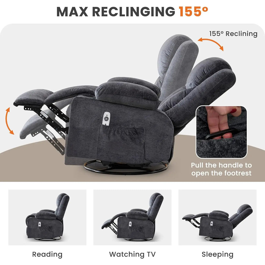 Swivel Recliner Chair w/ Massage & Heat, Rocker, Side Pocket & 2 Cup Holders