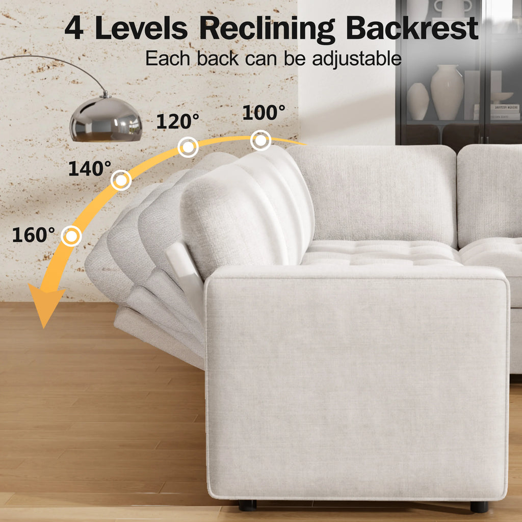 U-Shaped Modular Sectional Pull Out Bed Sleeper, Reclining Backrest, USB Ports, LED Light, Storage Seat