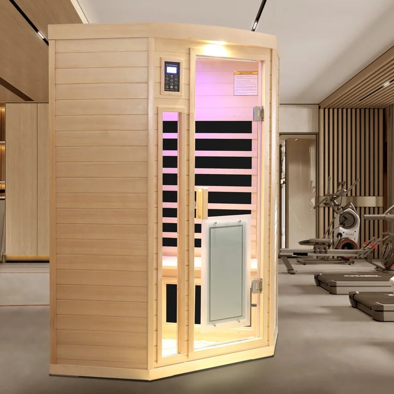 Low EMF Hemlock Wood Far-Infrared Two-Person Sauna Corner-Fit Design