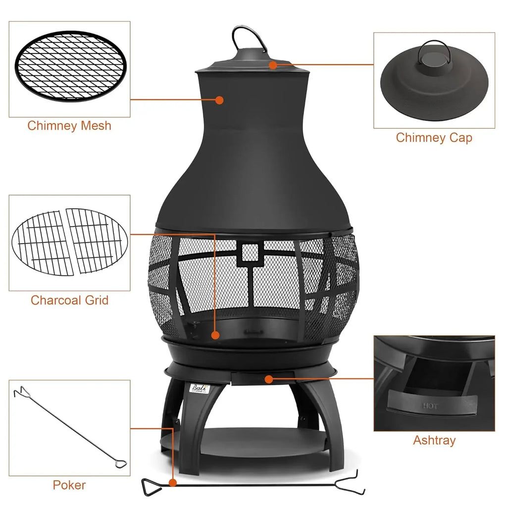 Outdoor Wood Burning Chiminea Fire Pit – 36" Rustic Patio Fireplace with Mesh Screen and Rain Cap