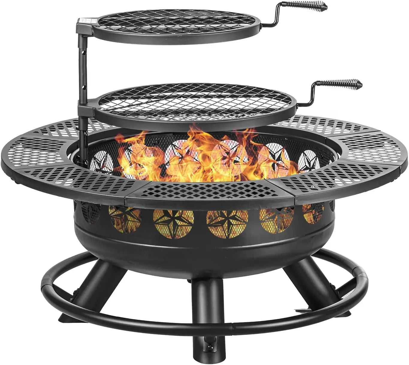 36-Inch Outdoor Wood Burning Fire Pit with 2 Adjustable BBQ Cooking Grills, Heavy Duty 3-in-1 Patio Firepit Table with Mesh Lid