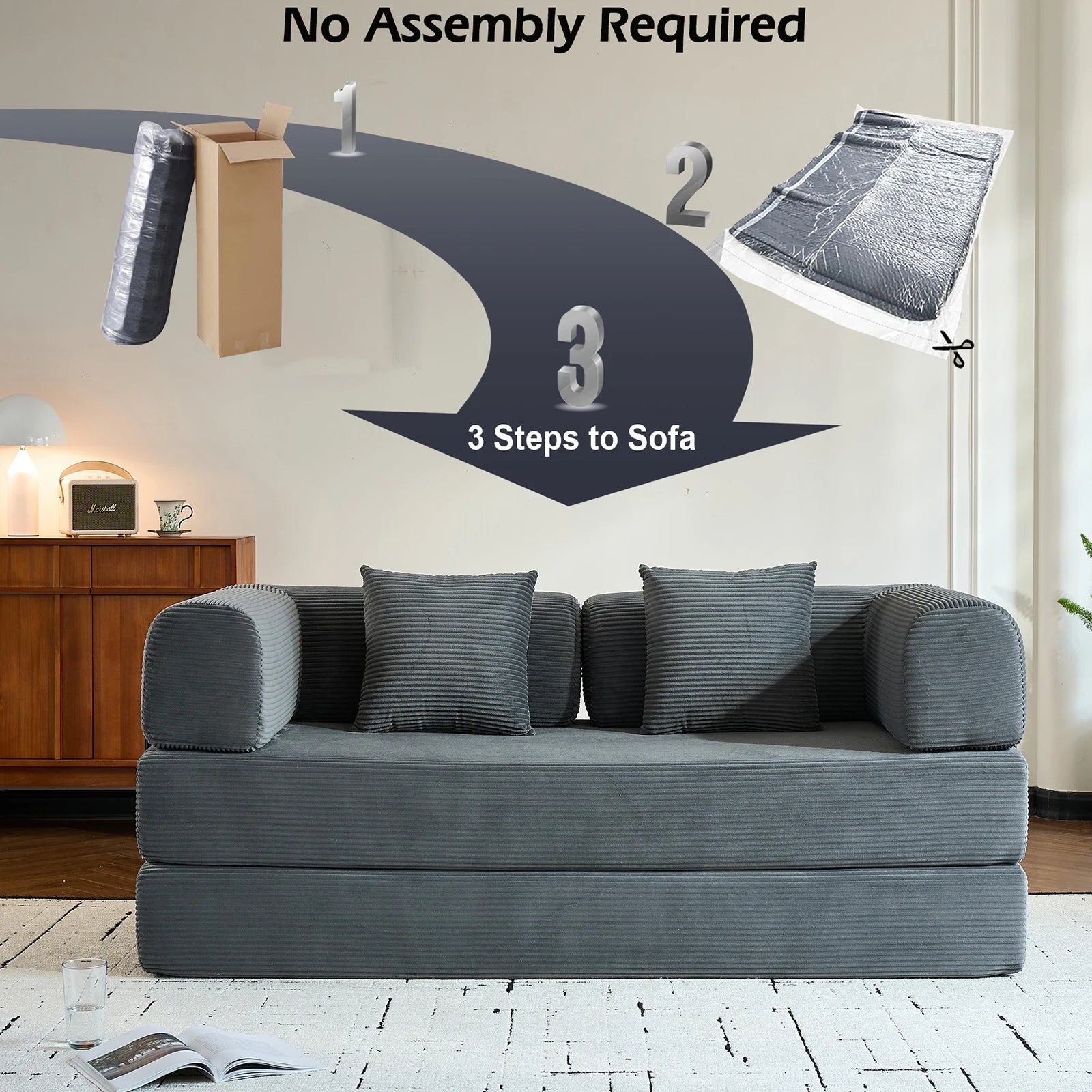 Folding Convertible Sofa Bed, Oversized Corduroy Futon Floor Couch, Boneless Loveseat for Small Spaces