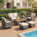 Wicker Patio Furniture Set with Swivel Glider, Loveseat Sofa, 2 Ottomans, Side and Coffee Tables