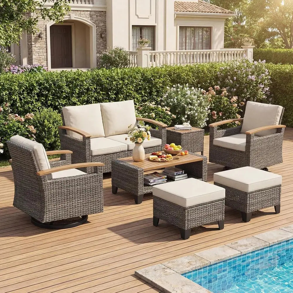 Wicker Patio Furniture Set with Swivel Glider, Loveseat Sofa, 2 Ottomans, Side and Coffee Tables