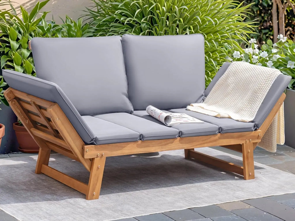 Convertible Acacia Wood Outdoor Daybed & Patio Sofa with Adjustable Armrests