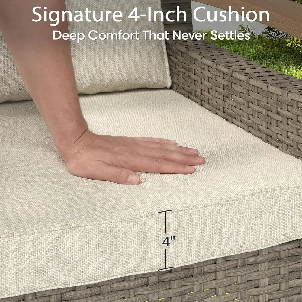 Wicker Patio Furniture Set with Swivel Glider, Loveseat Sofa, 2 Ottomans, Side and Coffee Tables