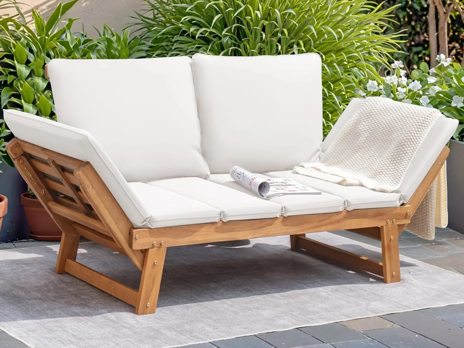 Convertible Acacia Wood Outdoor Daybed & Patio Sofa with Adjustable Armrests