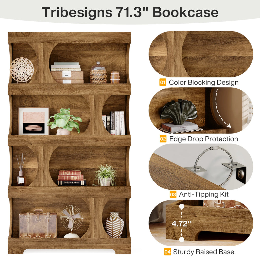 Tribesigns 71" Tall S-Shaped 4-Tier Bookcase