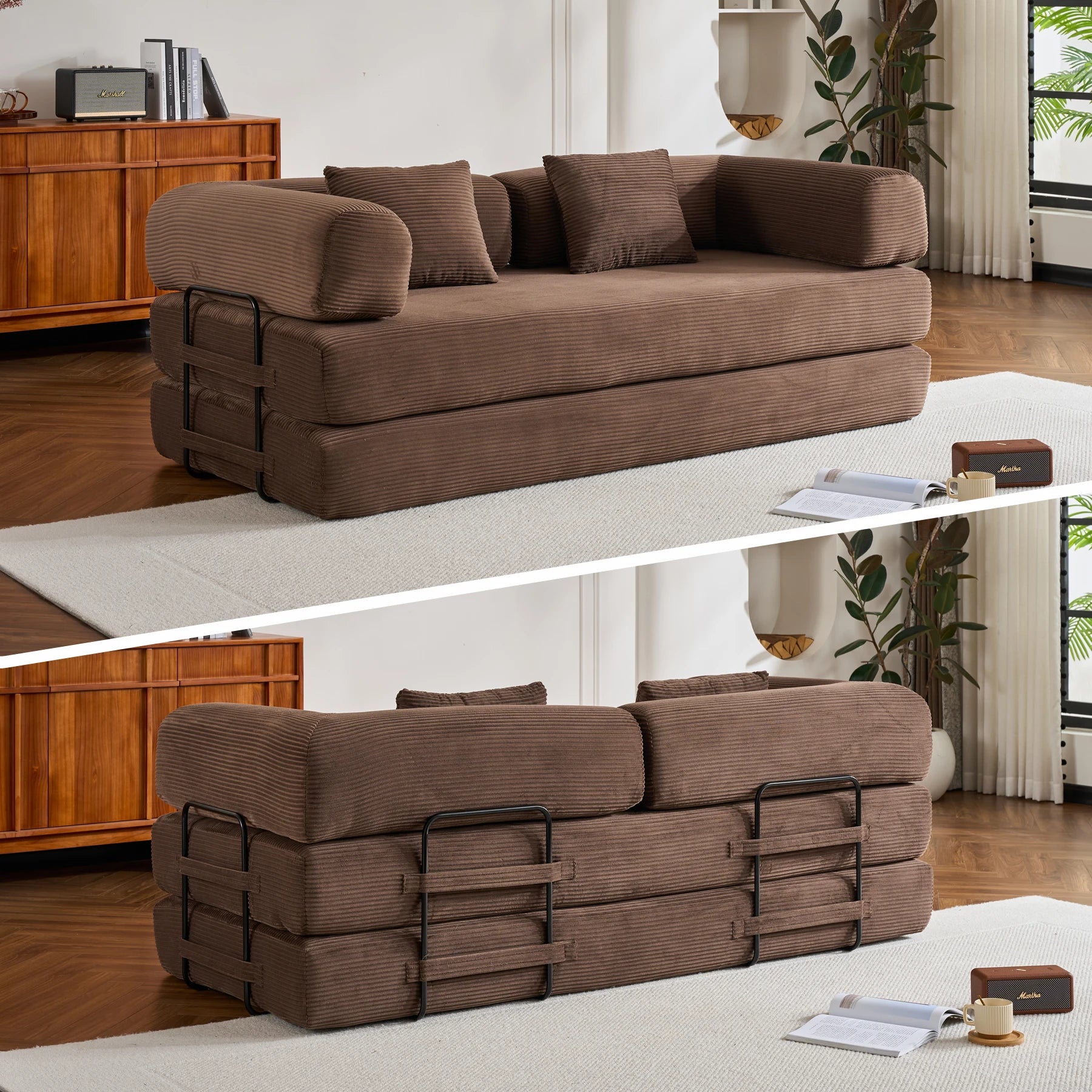 Folding Convertible Sofa Bed, Oversized Corduroy Futon Floor Couch, Boneless Loveseat for Small Spaces