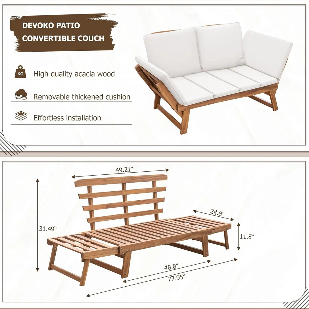Convertible Acacia Wood Outdoor Daybed & Patio Sofa with Adjustable Armrests