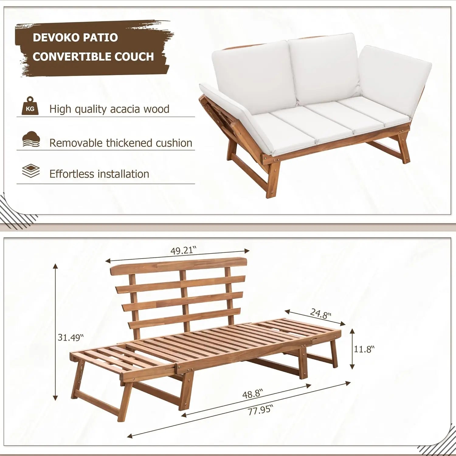 Convertible Acacia Wood Outdoor Daybed & Patio Sofa with Adjustable Armrests