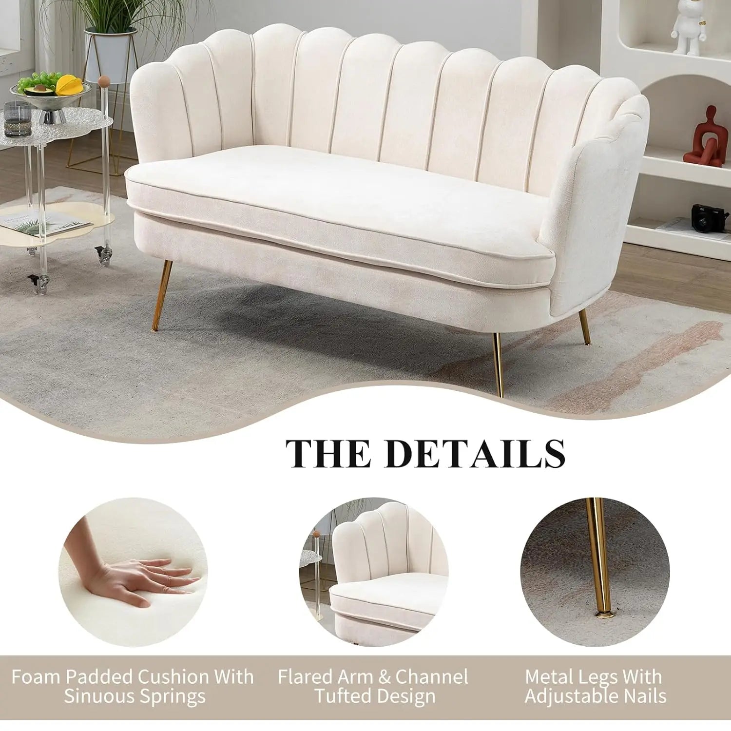 59" Chenille Upholstered Loveseat with Gold Metal Legs