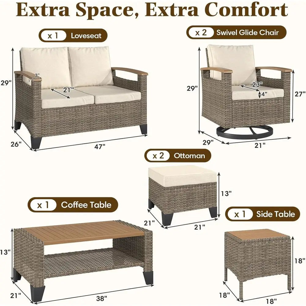 Wicker Patio Furniture Set with Swivel Glider, Loveseat Sofa, 2 Ottomans, Side and Coffee Tables