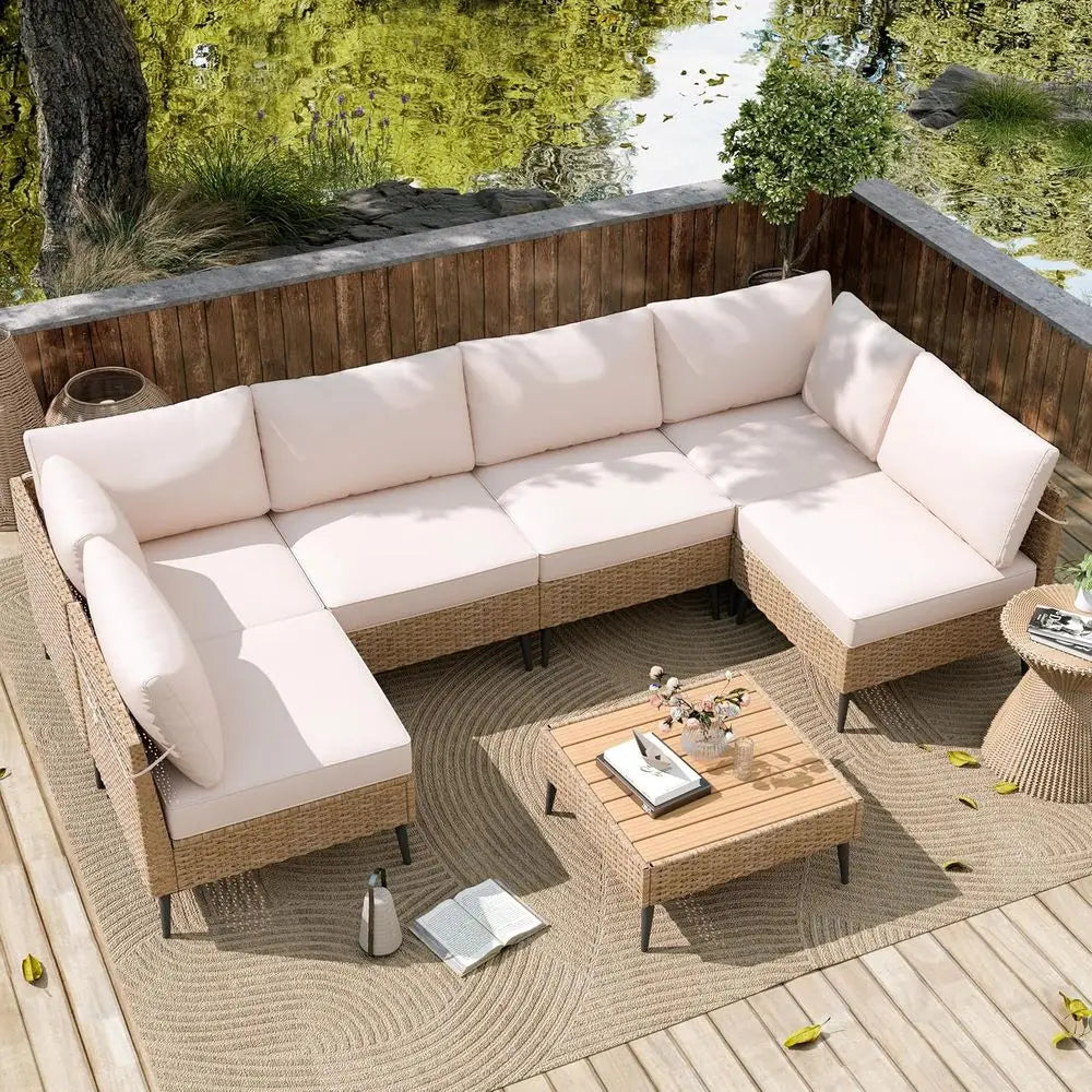 Luxury 7-Piece PE Rattan Patio Sectional Set – All-Weather Outdoor Furniture with Matching Table & Plush Cushions
