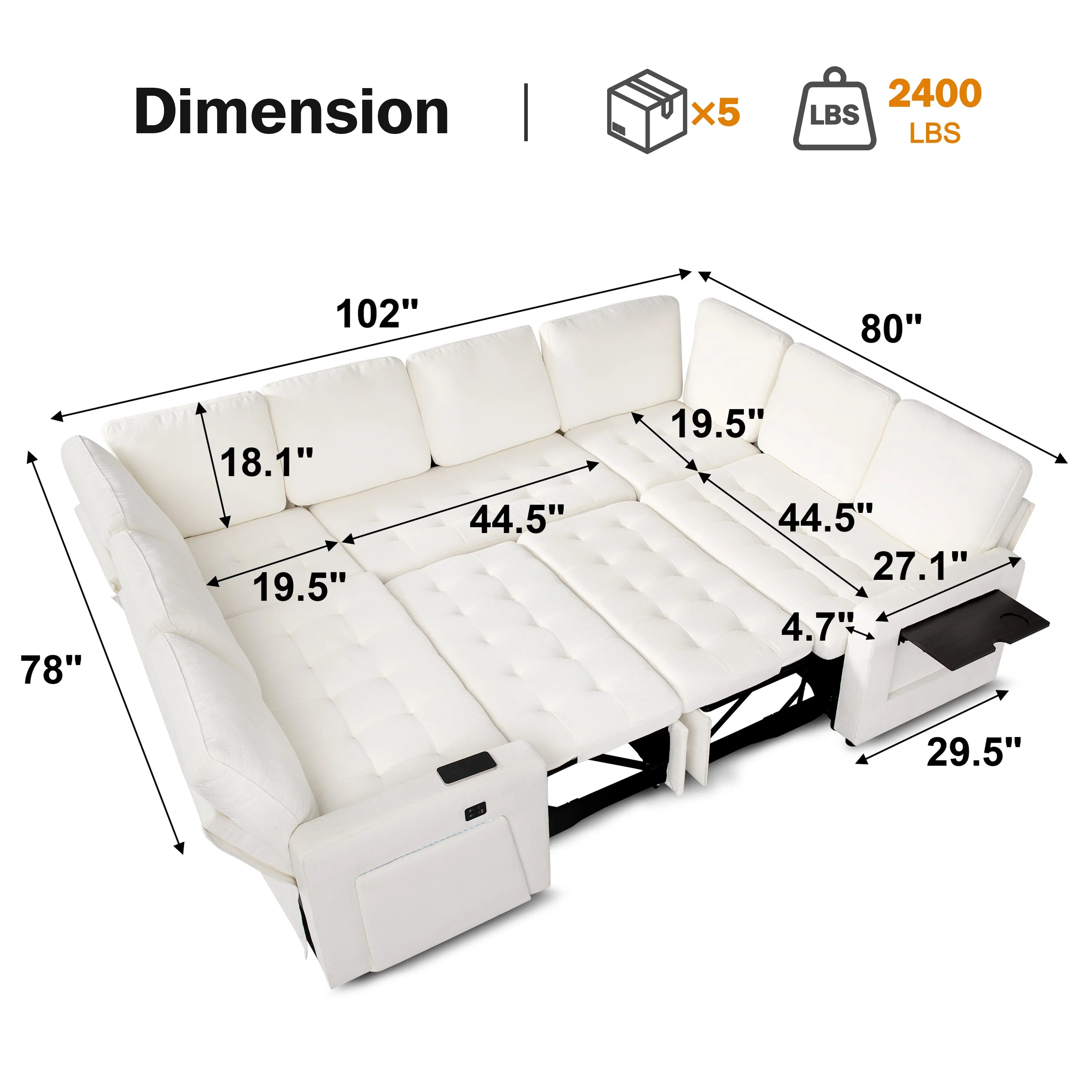 U-Shaped Modular Sectional Pull Out Bed Sleeper, Reclining Backrest, USB Ports, LED Light, Storage Seat