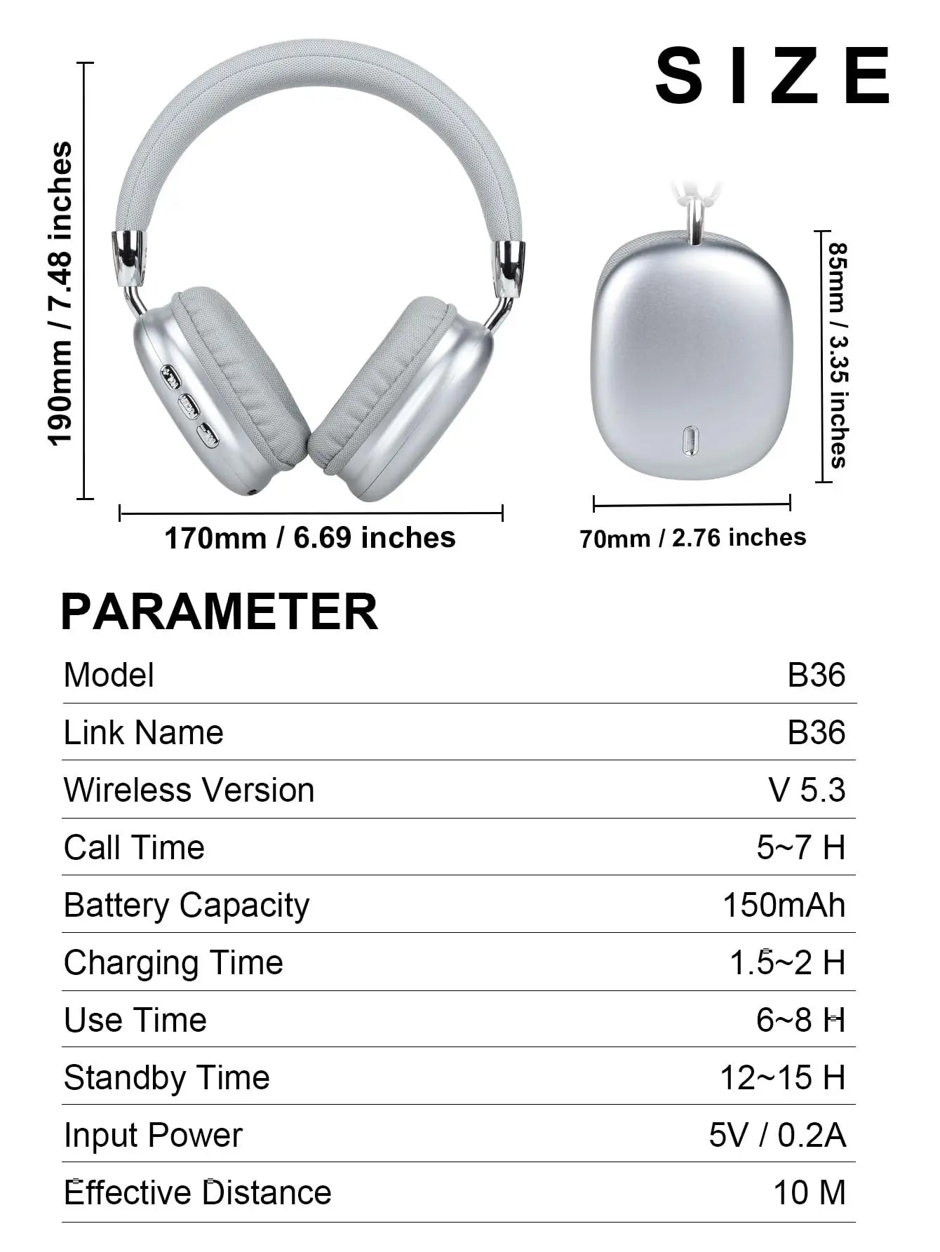 B36 Wireless Bluetooth 5.3 Over-Ear Headphones with ANC