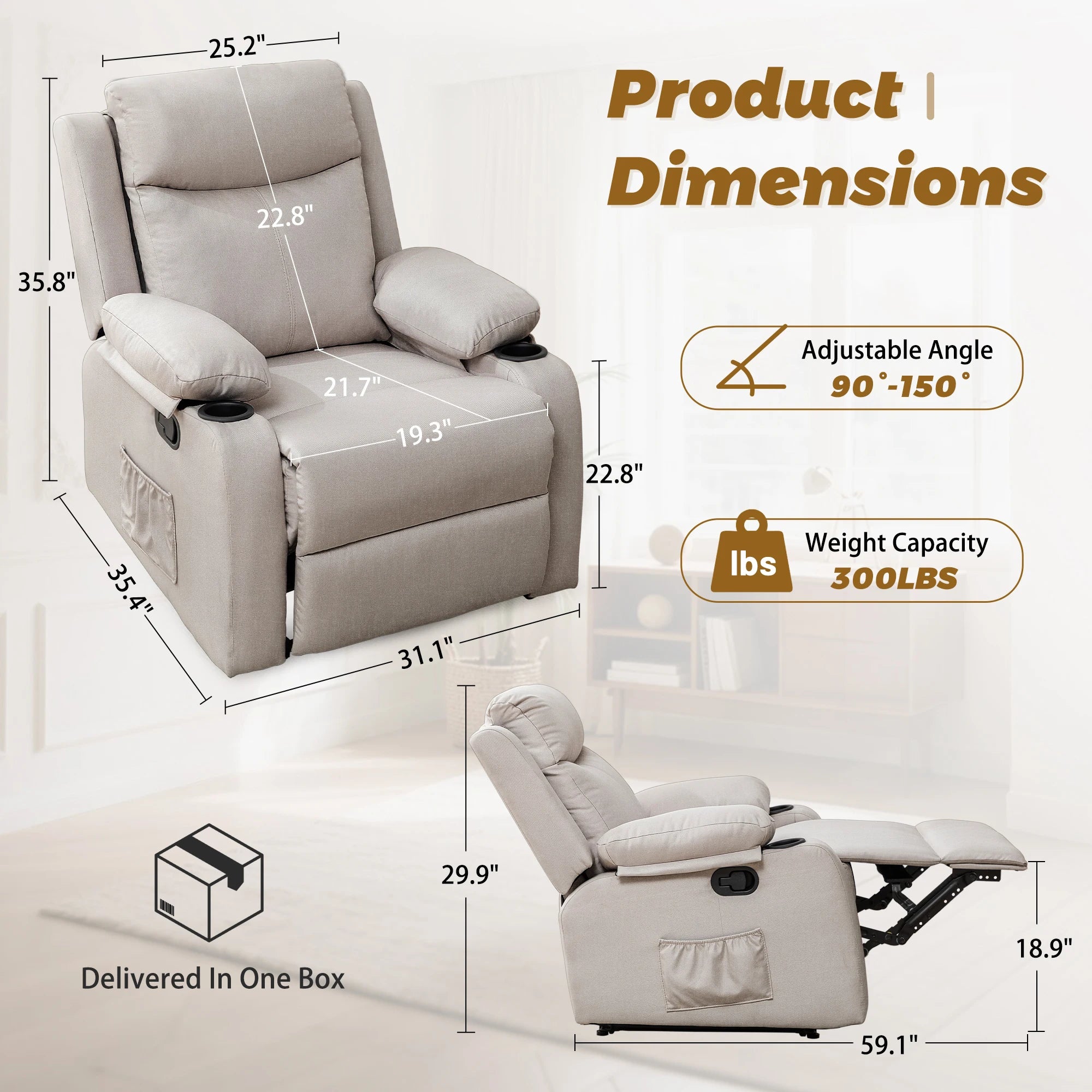 Small Recliners for Small Spaces, Reclining Manual Chair with Cup Holders and Side Pockets