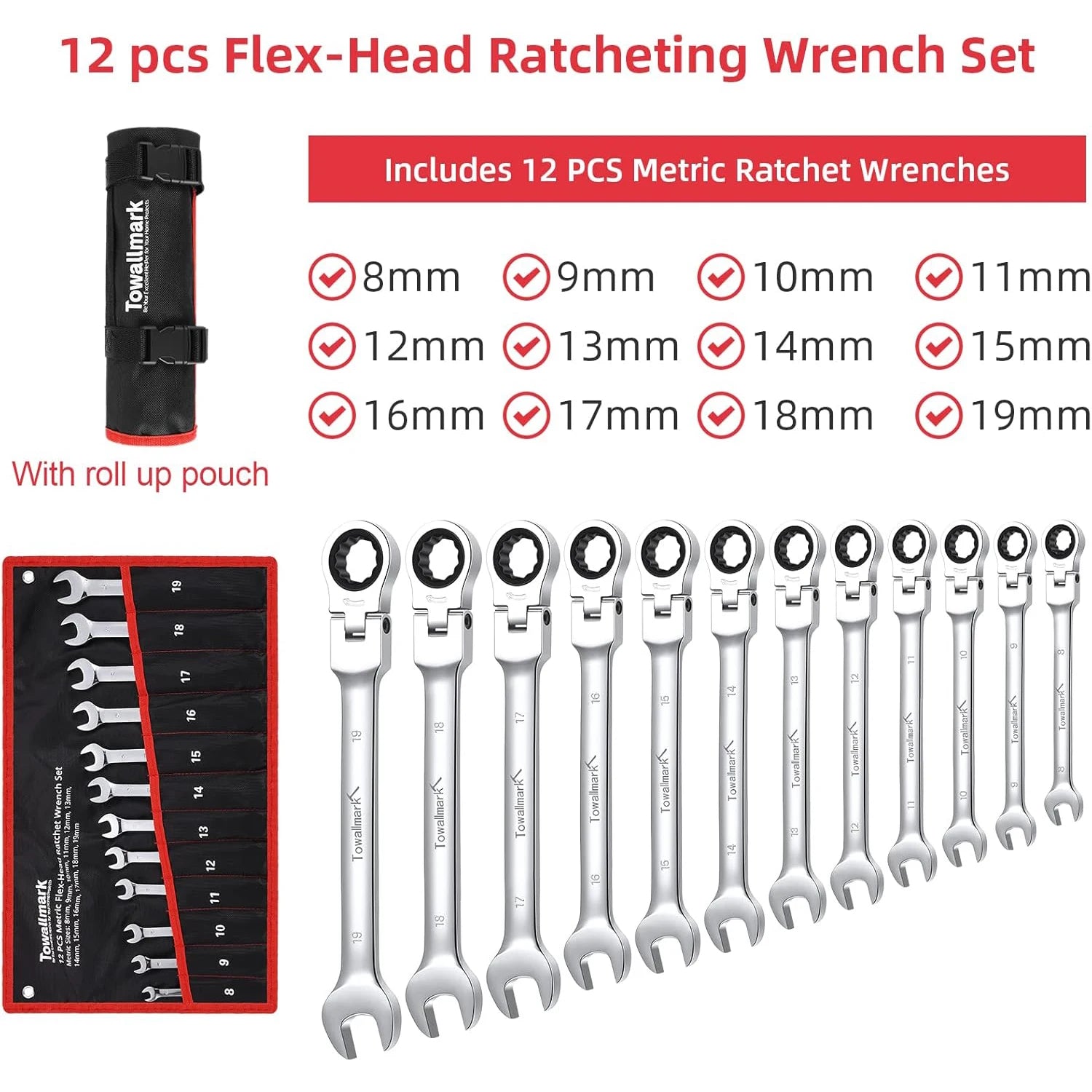 12-Piece Flex-Head Wrench Set, Ratcheting Combination Set, Metric 8-19mm