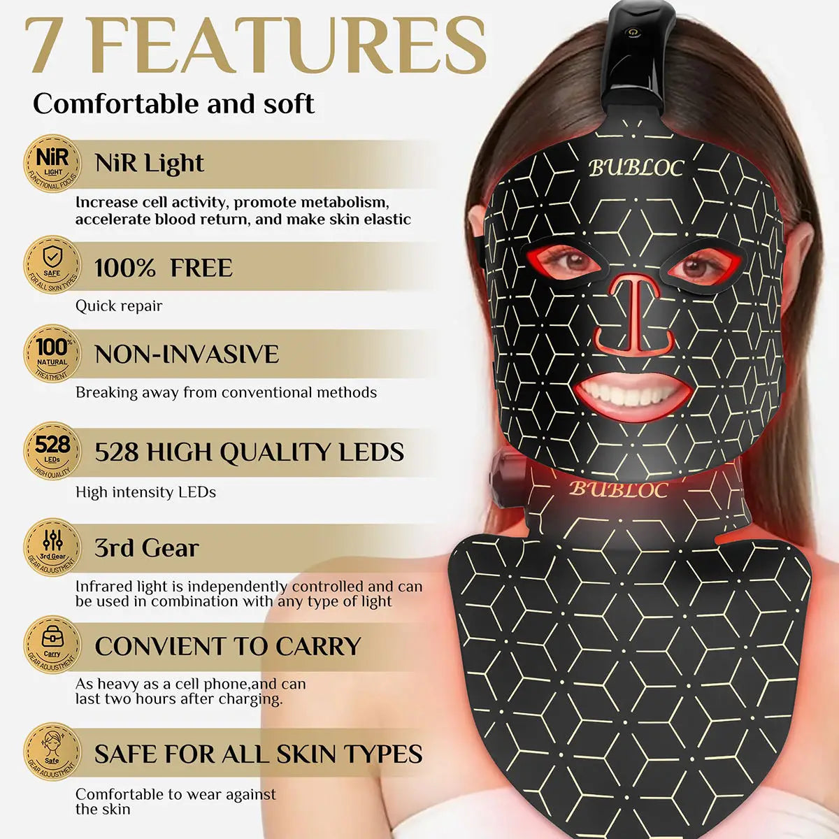 Portable Silicone LED Face Mask with Neck Red Light Infrared Therapy