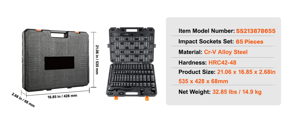 1/2" Drive Impact Socket Master Set – 65-Piece SAE and Metric Heavy-Duty Mechanic Tool Kit