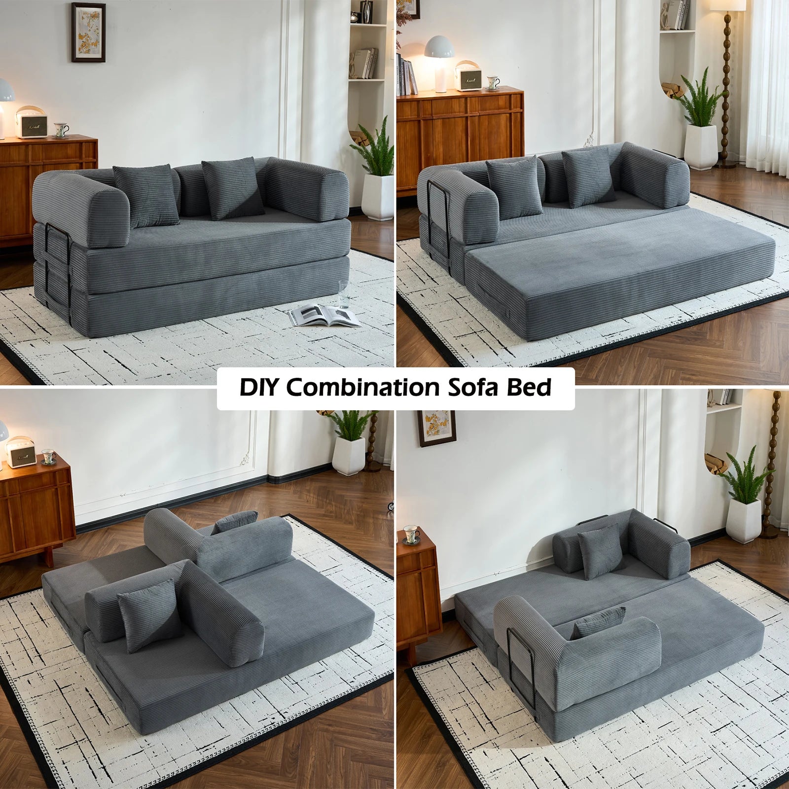 Folding Convertible Sofa Bed, Oversized Corduroy Futon Floor Couch, Boneless Loveseat for Small Spaces