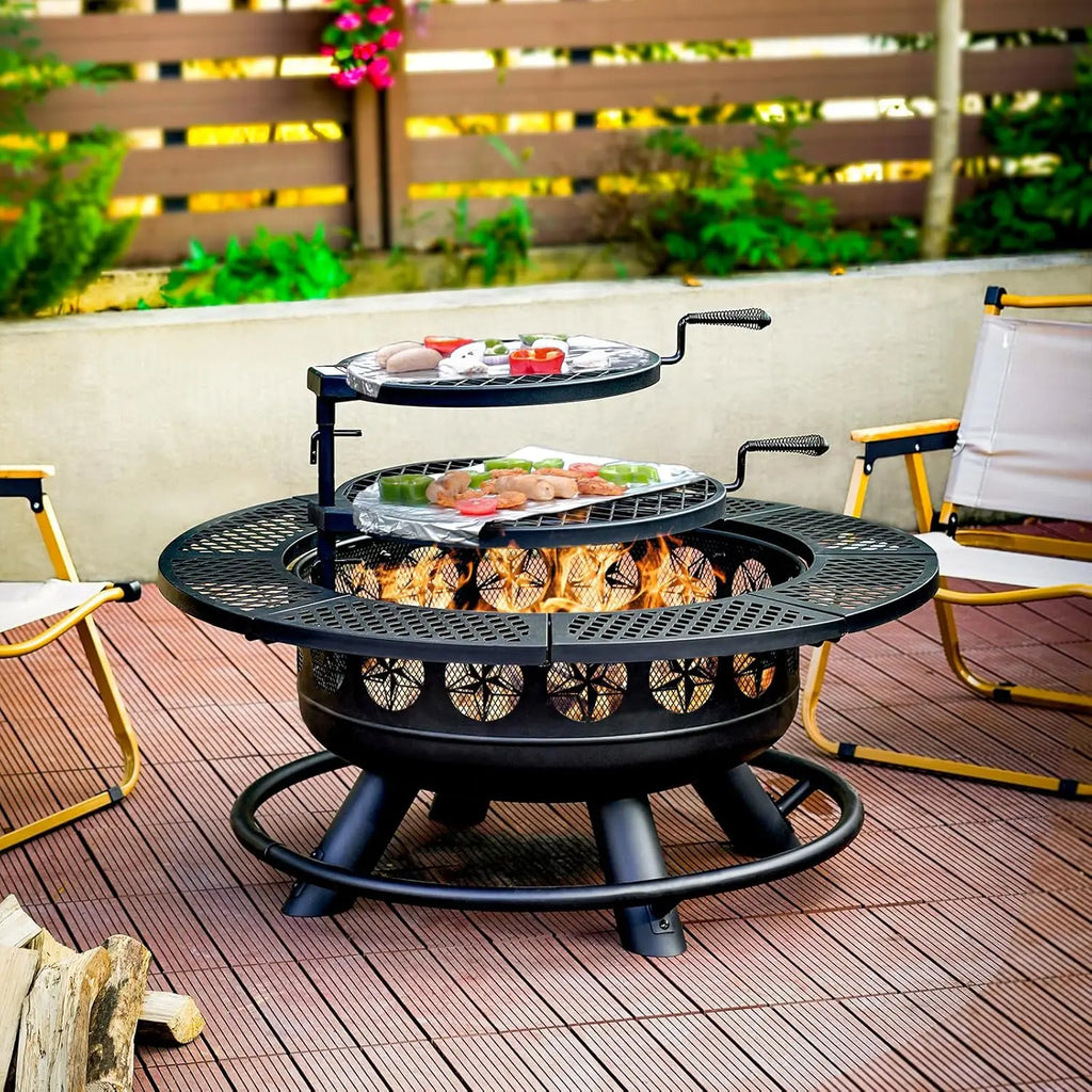 36-Inch Outdoor Wood Burning Fire Pit with 2 Adjustable BBQ Cooking Grills, Heavy Duty 3-in-1 Patio Firepit Table with Mesh Lid