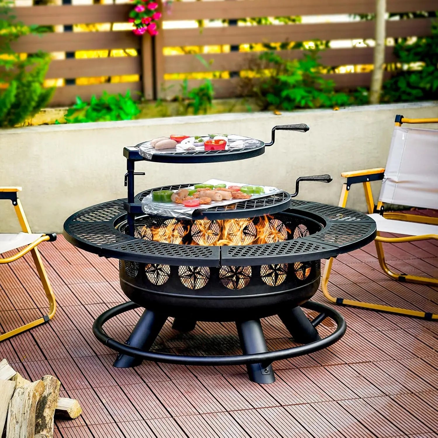 36-Inch Outdoor Wood Burning Fire Pit with 2 Adjustable BBQ Cooking Grills, Heavy Duty 3-in-1 Patio Firepit Table with Mesh Lid