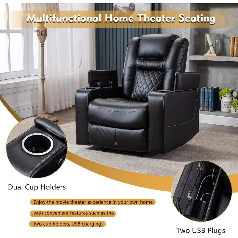 Electric Power Recliner Chair with USB Ports and Cup Holders, Breathable Leather Home Theater Seating
