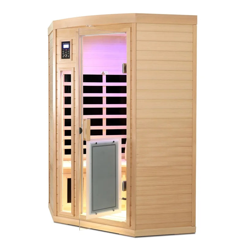 Low EMF Hemlock Wood Far-Infrared Two-Person Sauna Corner-Fit Design