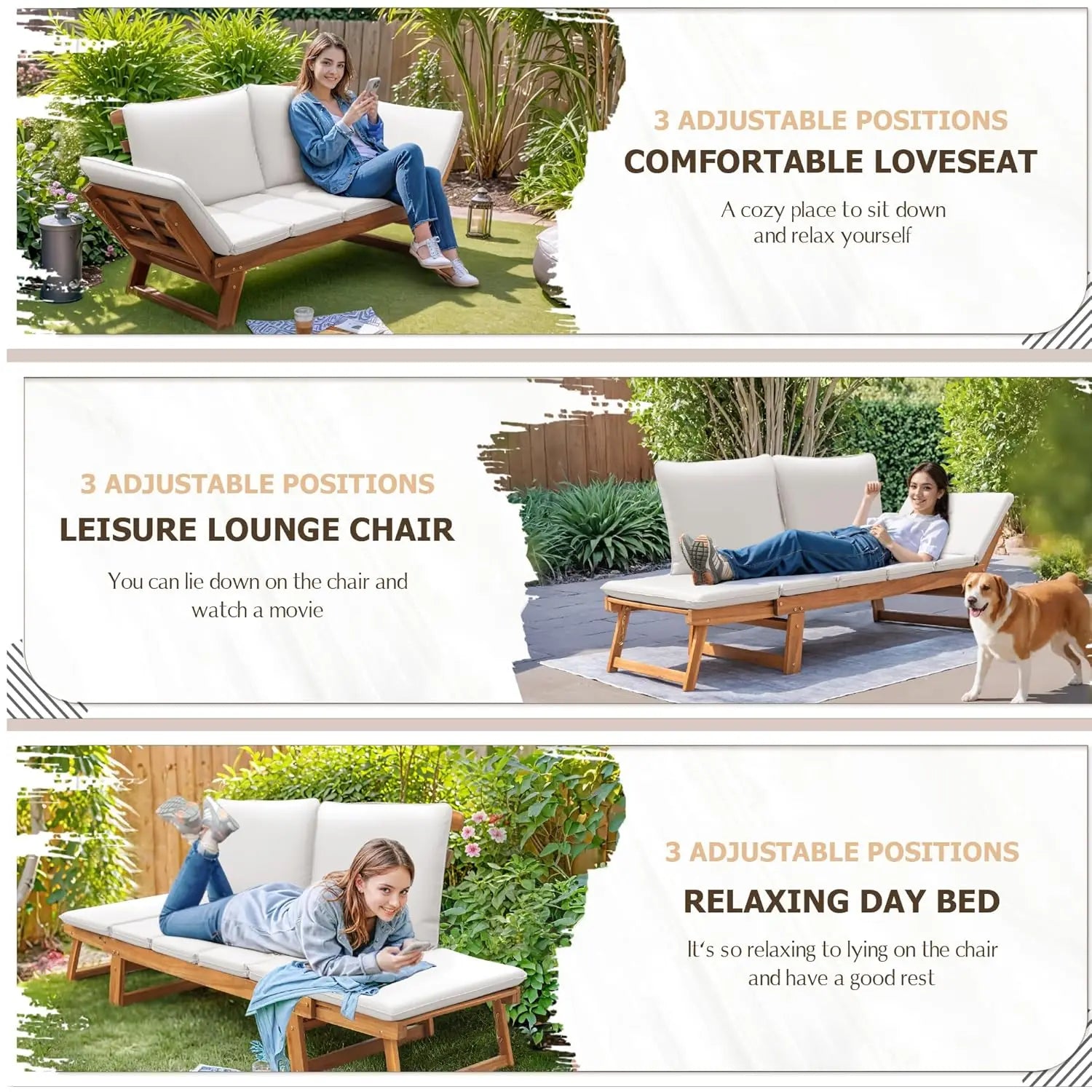Convertible Acacia Wood Outdoor Daybed & Patio Sofa with Adjustable Armrests