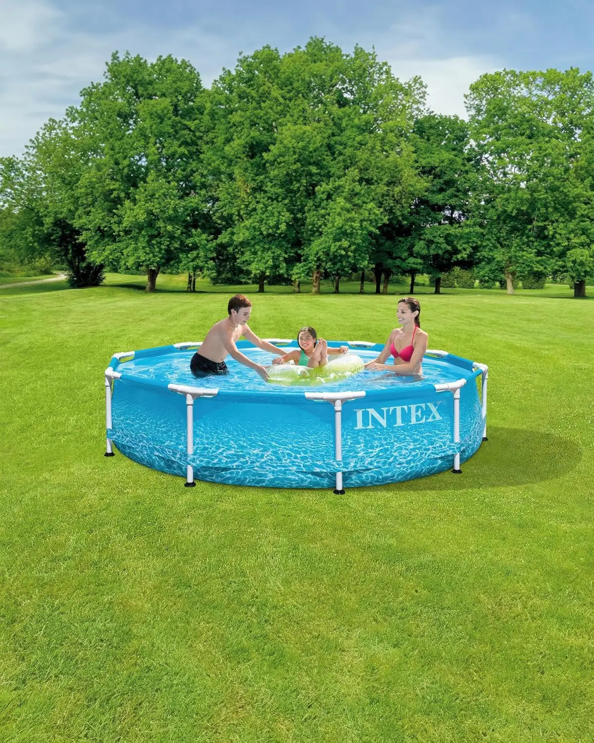 Large Round Above Ground Swimming Pool with Reinforced Sidewalls and Metal Frame.
