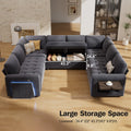 U-Shaped Modular Sectional Pull Out Bed Sleeper, Reclining Backrest, USB Ports, LED Light, Storage Seat