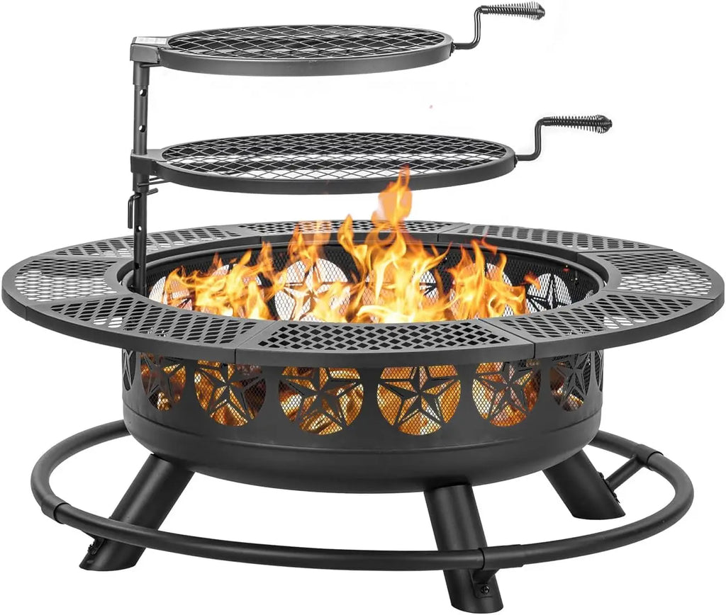 36-Inch Outdoor Wood Burning Fire Pit with 2 Adjustable BBQ Cooking Grills, Heavy Duty 3-in-1 Patio Firepit Table with Mesh Lid