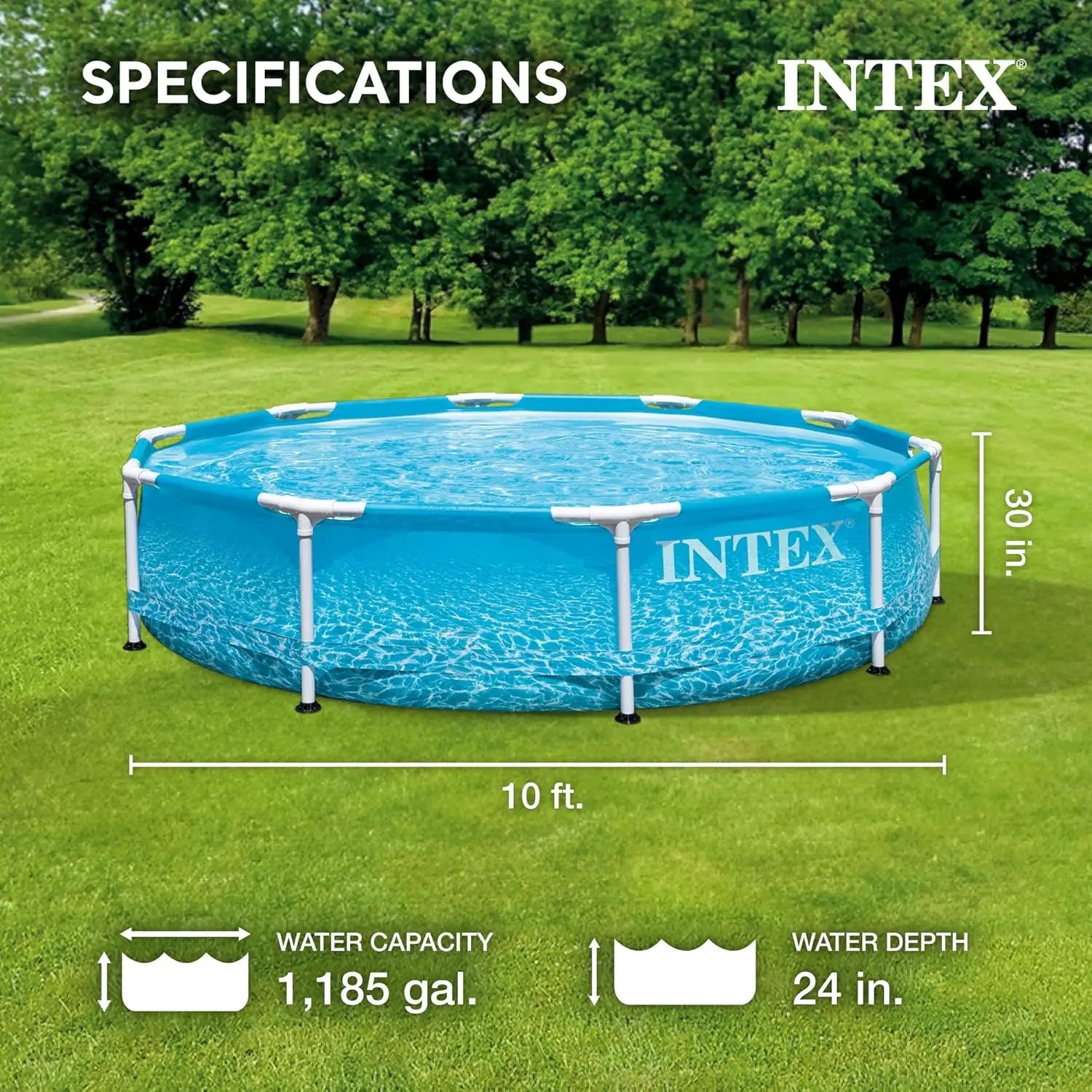 Large Round Above Ground Swimming Pool with Reinforced Sidewalls and Metal Frame.