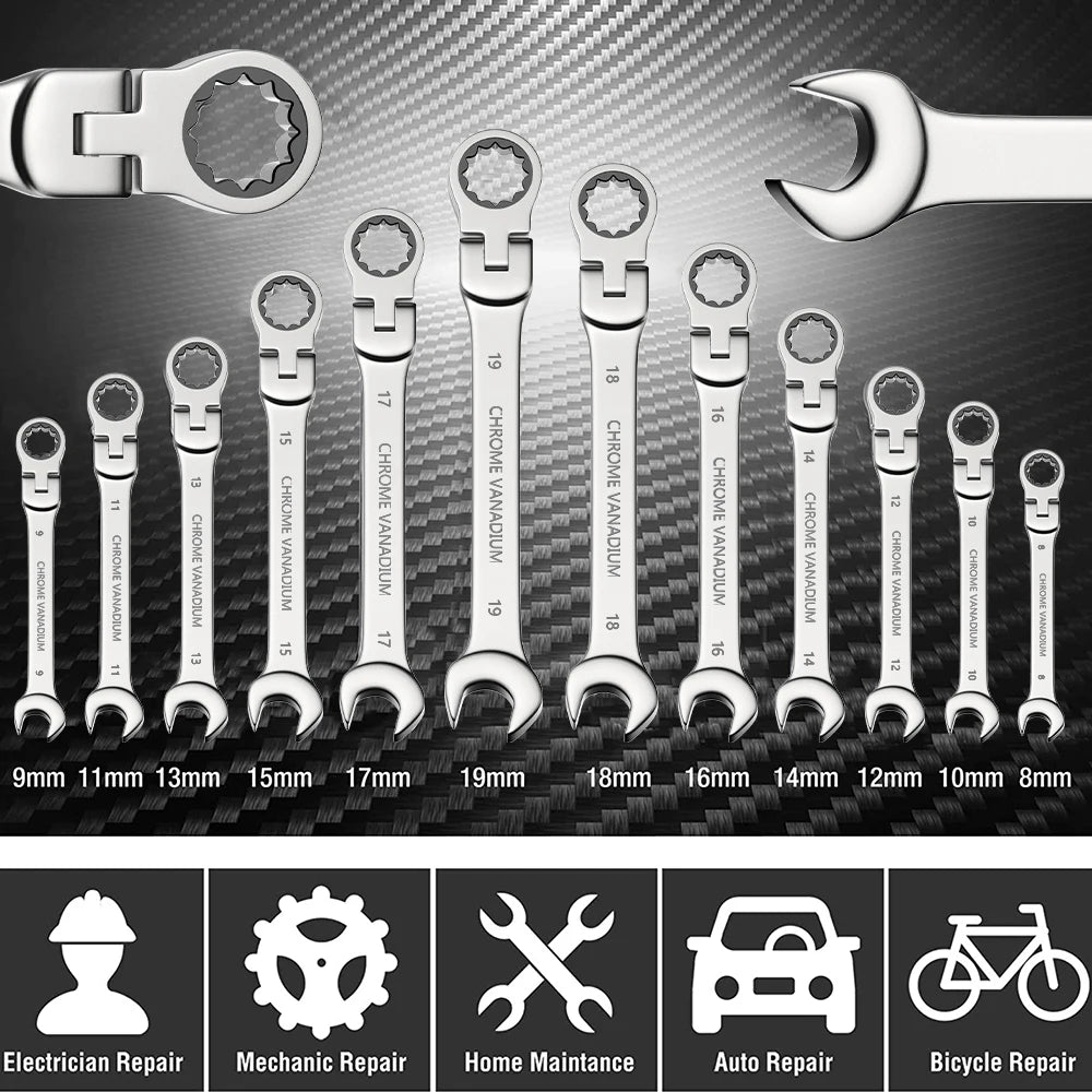 8pcs Durable Ratchet Wrench Set Metric 8-19mm