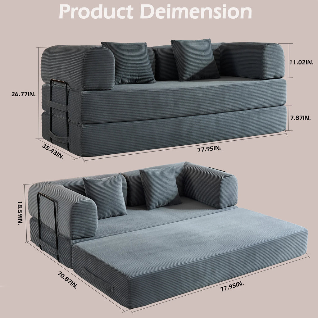 Folding Convertible Sofa Bed, Oversized Corduroy Futon Floor Couch, Boneless Loveseat for Small Spaces