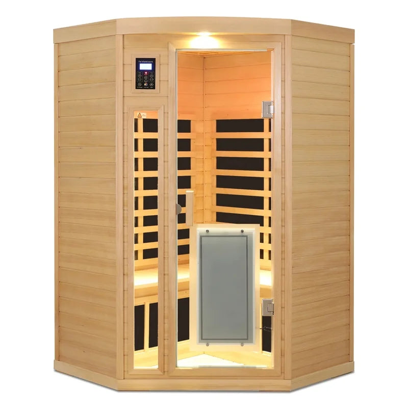Low EMF Hemlock Wood Far-Infrared Two-Person Sauna Corner-Fit Design