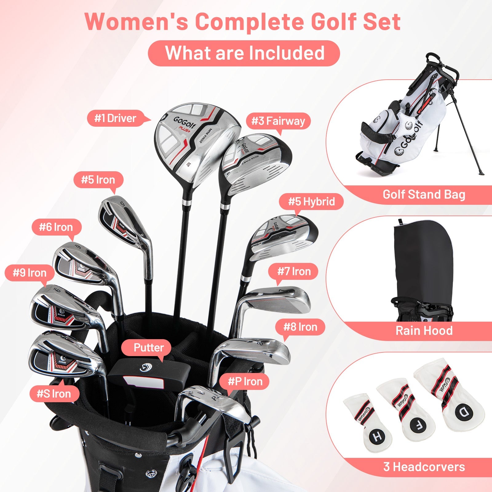 Women's Complete Golf Clubs and Bag Set with Headcovers and Putter-Red