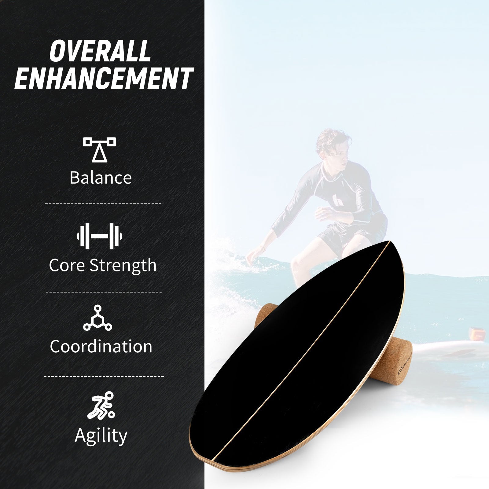 Wooden Balancing Board with Cork Roller and Storage Rack to Exercise