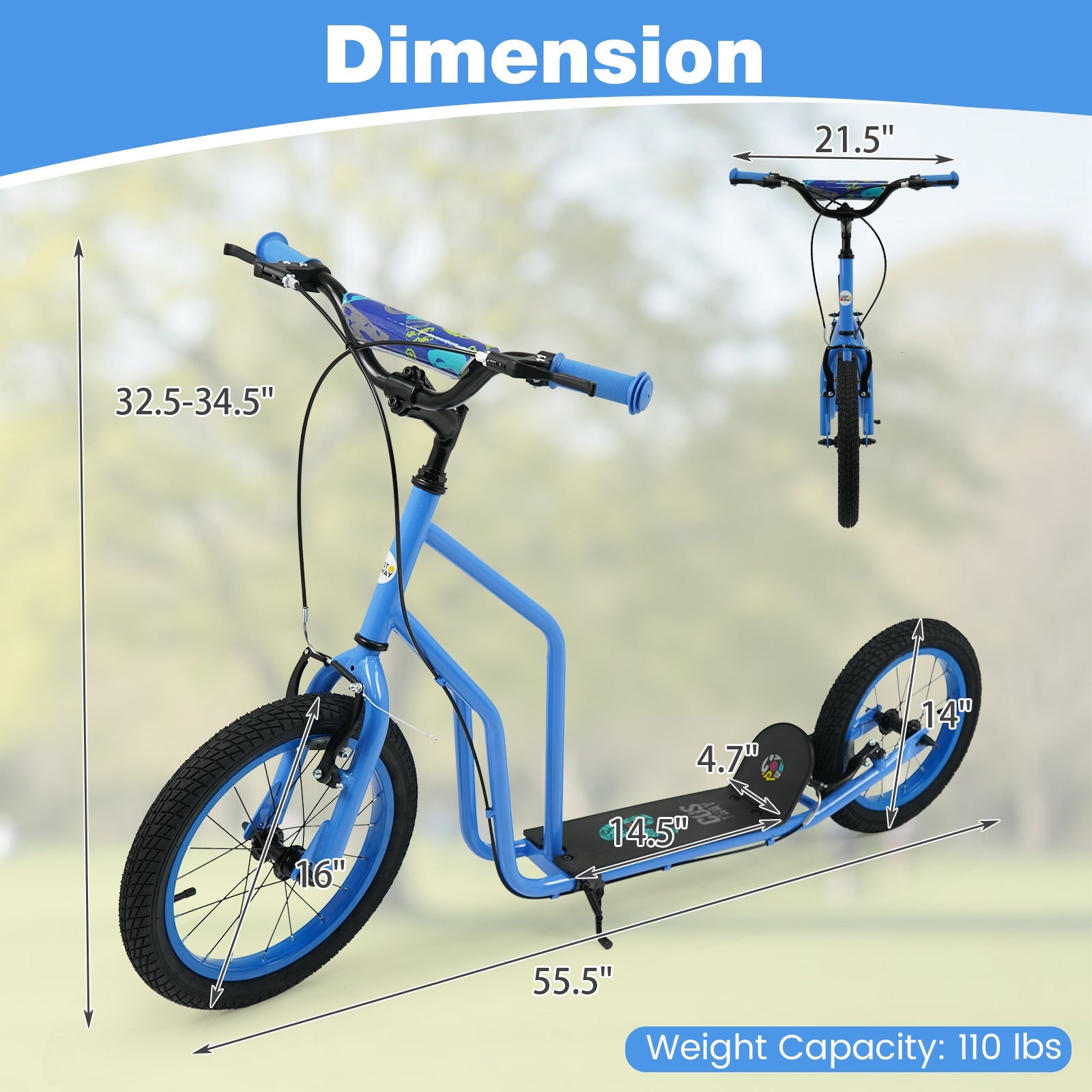 Youth Scooter with Adjustable Handlebar and 16/14-Inch Inflatable Wheels for Age 8+ Years Old