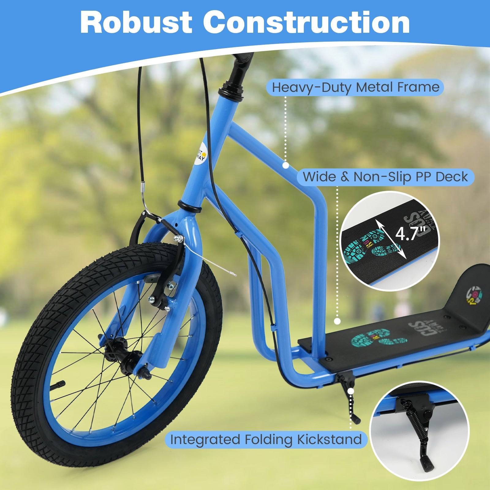 Youth Scooter with Adjustable Handlebar and 16/14-Inch Inflatable Wheels for Age 8+ Years Old