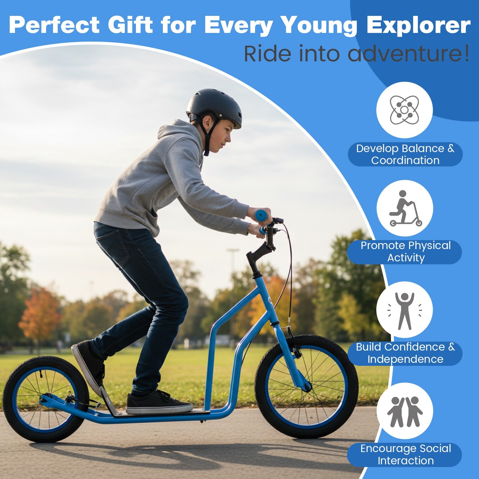 Youth Scooter with Adjustable Handlebar and 16/14-Inch Inflatable Wheels for Age 8+ Years Old