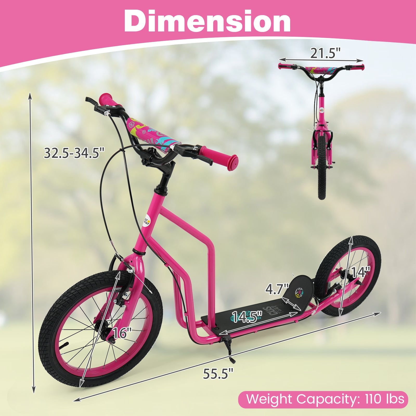 Youth Scooter with Adjustable Handlebar and 16/14-Inch Inflatable Wheels for Age 8+ Years Old