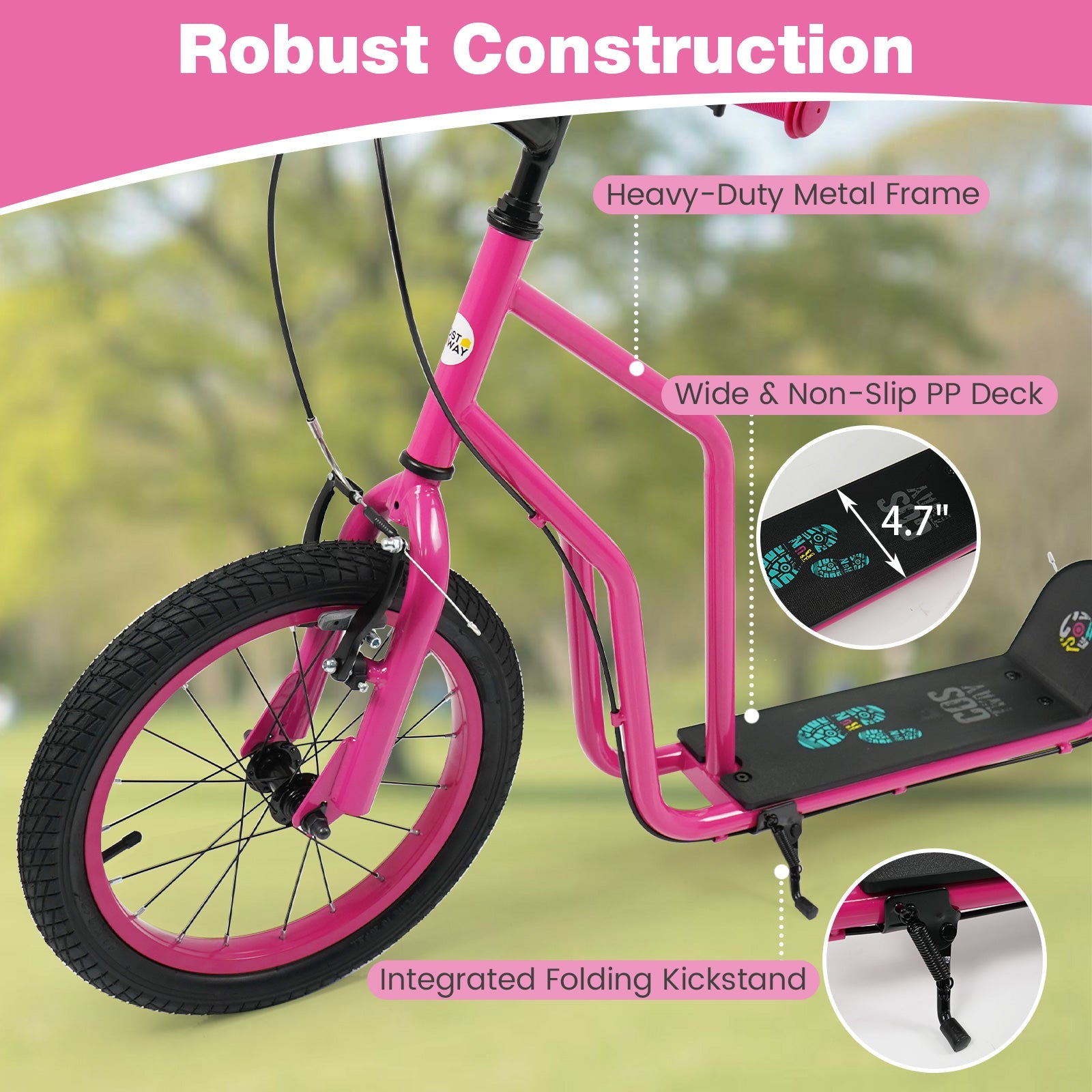 Youth Scooter with Adjustable Handlebar and 16/14-Inch Inflatable Wheels for Age 8+ Years Old